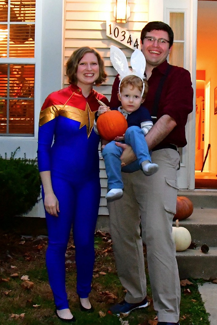 Captain Marvel and Mal Holding a Bunny Holding a Pumpkin